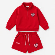 Kids Red Heart Zip-Up Sweater + Shorts Set